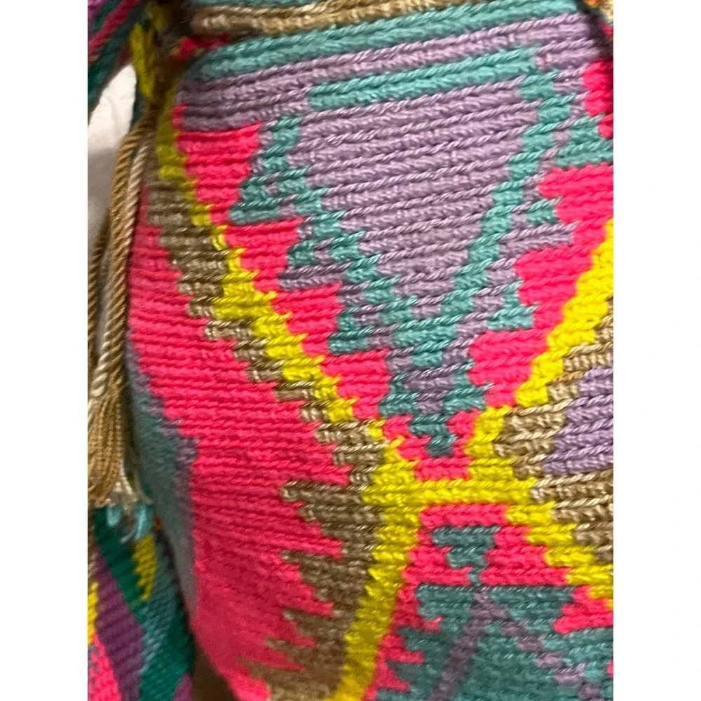 Handmade‎ Woven Crochet Bag Multi Color Diamond Pattern Tassels Shoulder Bag